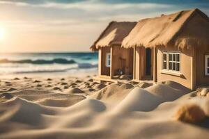 een miniatuur huis Aan de strand met zand. ai-gegenereerd foto