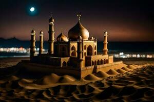 een zand kasteel is getoond in de woestijn Bij nacht. ai-gegenereerd foto