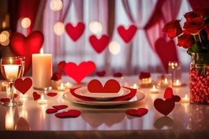 Valentijnsdag dag tafel instelling met rood harten. ai-gegenereerd foto