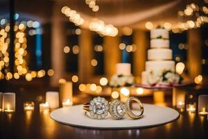 bruiloft ringen Aan een tafel met kaarsen. ai-gegenereerd foto