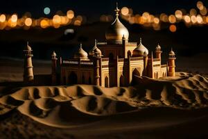 een model- van een moskee in de woestijn Bij nacht. ai-gegenereerd foto
