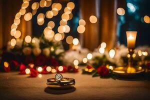 de bruiloft ring is geplaatst Aan de tafel met de kaarsen en de lichten. ai-gegenereerd foto