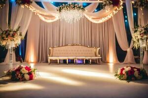 een elegant bruiloft ceremonie met wit en goud decor. ai-gegenereerd foto