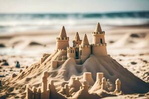 zand kasteel Aan de strand. ai-gegenereerd foto