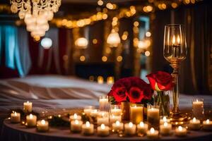 kaarsen en rozen zijn reeks Aan een tafel met een kroonluchter. ai-gegenereerd foto