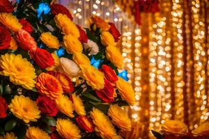 een kleurrijk arrangement van bloemen in voorkant van een verlicht achtergrond. ai-gegenereerd foto