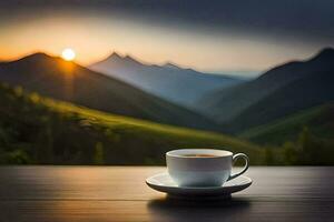 koffie kop Aan de tafel met bergen in de achtergrond. ai-gegenereerd foto