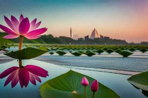 roze lotus bloem in de water met een tempel in de achtergrond. ai-gegenereerd foto