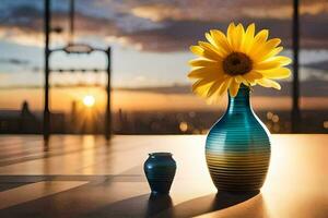zonnebloem in een blauw vaas met een stad visie. ai-gegenereerd foto