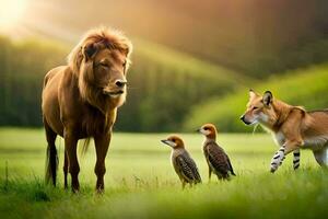 een leeuw en twee vogelstand in een veld. ai-gegenereerd foto