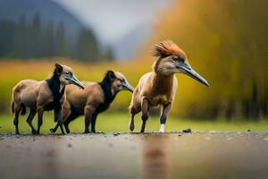 drie dieren wandelen Aan een weg in de midden- van een veld. ai-gegenereerd foto