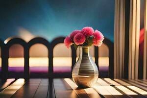 een vaas met roze bloemen zittend Aan een houten tafel. ai-gegenereerd foto