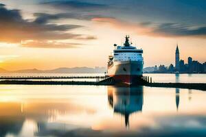 een schip aangemeerd Bij de dok in voorkant van een stad horizon. ai-gegenereerd foto