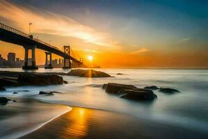 de zon sets over- de oceaan en een brug. ai-gegenereerd foto