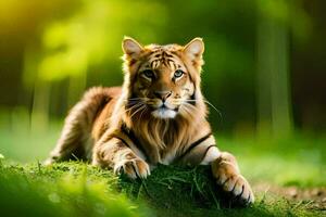 een tijger is houdende Aan de gras in de Woud. ai-gegenereerd foto