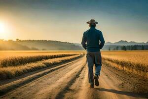 een Mens in een hoed wandelingen naar beneden een aarde weg. ai-gegenereerd foto