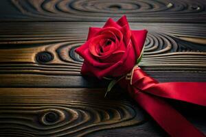 een rood roos Aan een houten tafel. ai-gegenereerd foto