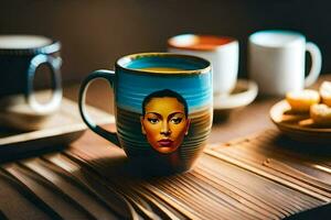 een koffie mok met een vrouw gezicht Aan het. ai-gegenereerd foto