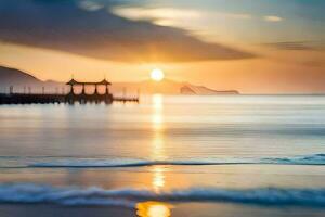 de zon sets over- de oceaan en pier. ai-gegenereerd foto