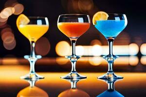 drie bril van cocktails met oranje plakjes. ai-gegenereerd foto
