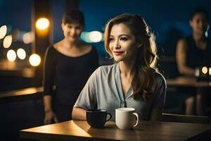 een vrouw zittend Bij een tafel met een kop van koffie. ai-gegenereerd foto