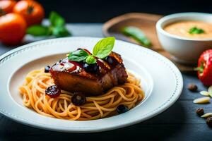 spaghetti met vlees en saus Aan een bord. ai-gegenereerd foto