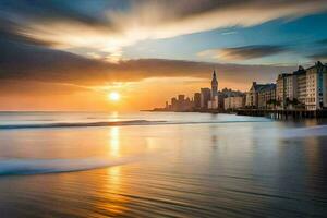 de zon sets over- een stad en strand. ai-gegenereerd foto