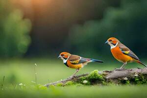 twee vogelstand zittend Aan een Afdeling in de gras. ai-gegenereerd foto