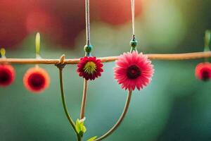 rood bloemen hangende van een Kledinglijn. ai-gegenereerd foto