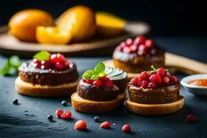 klein cakes met fruit en chocola Aan een tafel. ai-gegenereerd foto