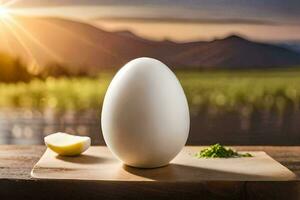 een ei zit Aan een houten bord met een plak van knoflook. ai-gegenereerd foto
