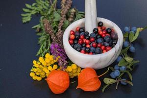 alternatieve geneeskunde met farmaceutische kruiden, fruit en bessen foto