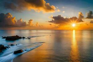 de zon stijgt over- de oceaan en rotsen in de water. ai-gegenereerd foto