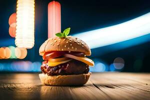 een Hamburger Aan een houten tafel met lichten in de achtergrond. ai-gegenereerd foto