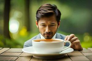 een Mens in een pak is Holding een kop van koffie. ai-gegenereerd foto