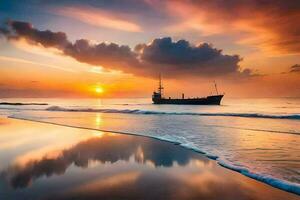 een boot is Aan de strand Bij zonsondergang. ai-gegenereerd foto