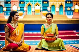 twee Dames in sari's zittend Aan de verdieping met een pot. ai-gegenereerd foto