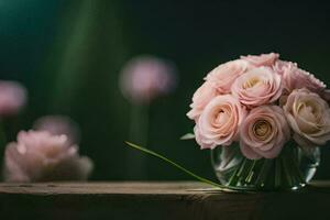 roze rozen in een glas vaas Aan een tafel. ai-gegenereerd foto
