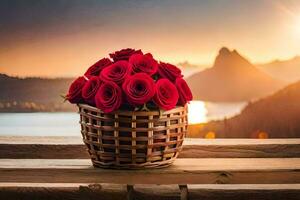 een mand met rood rozen Aan een houten tafel. ai-gegenereerd foto