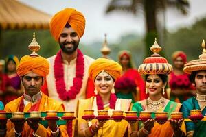 Indisch bruiloft ceremonie met bruid en bruidegom in traditioneel kleding. ai-gegenereerd foto