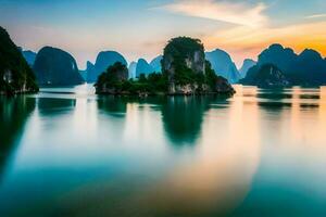 de zonsopkomst over- Halong baai, Vietnam. ai-gegenereerd foto