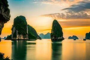 de zon sets over- de water in Halong baai, Vietnam. ai-gegenereerd foto