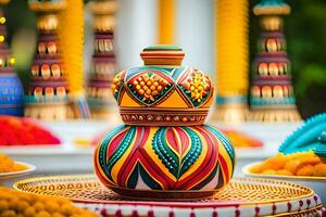 kleurrijk vazen Aan Scherm Bij een Indisch bruiloft. ai-gegenereerd foto