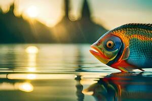 een vis is drijvend in de water Bij zonsondergang. ai-gegenereerd foto