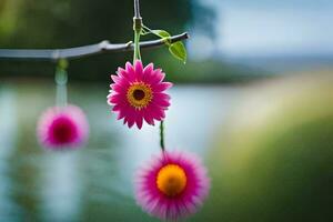 roze bloemen hangende van een Afdeling in de buurt een meer. ai-gegenereerd foto