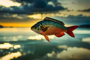 een vis is vliegend over- de water Bij zonsondergang. ai-gegenereerd foto