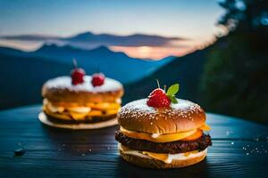 twee hamburgers met bessen Aan top van een tafel. ai-gegenereerd foto