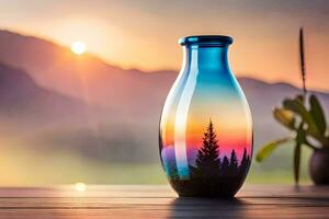 een vaas met een zonsondergang in de achtergrond. ai-gegenereerd foto