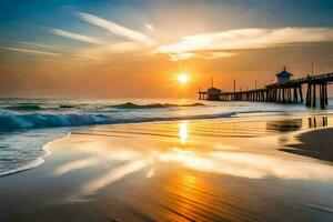 de zon stijgt over- de oceaan en pier in de achtergrond. ai-gegenereerd foto