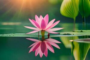 roze lotus bloem in de water met groen bladeren. ai-gegenereerd foto